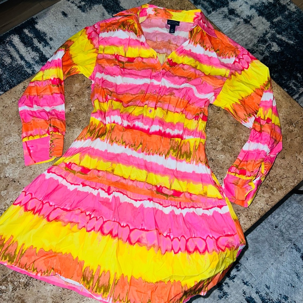 SCOOP Collard Vibrant Sunset Pink, Orange, and Yellow Tie-Dye Dress Size S